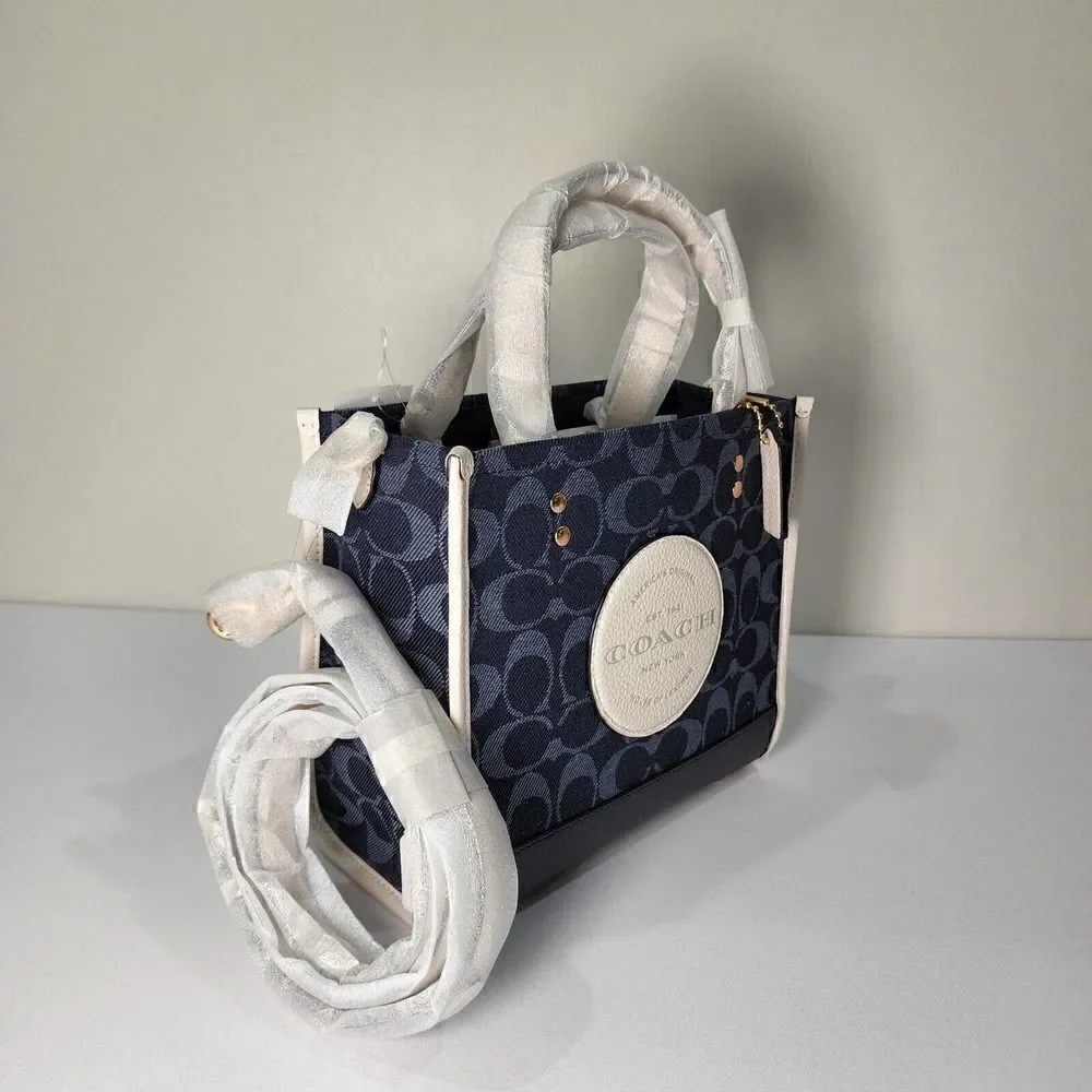 NWT Coach C8582 Dempsey Tote 22 In Signature Jacquard Denim Multi Coach Patch